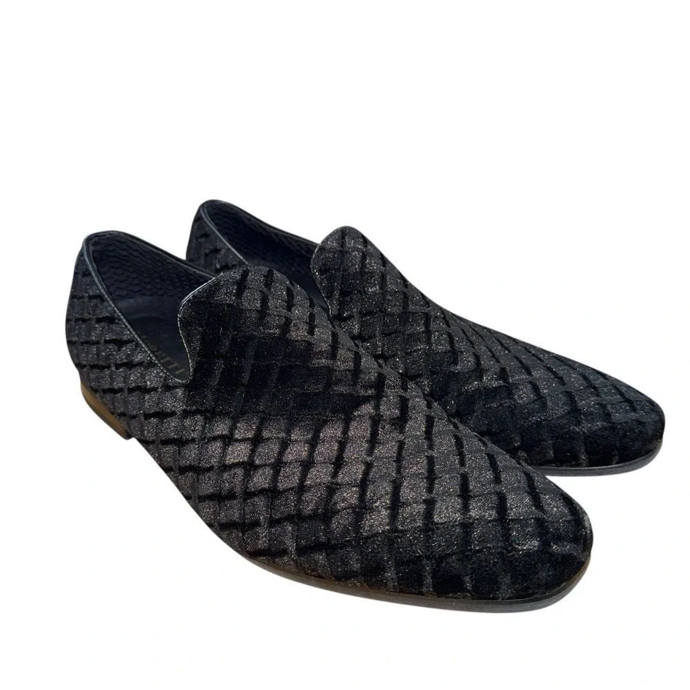 Moretti‎ Gold Label Trevor Mens 10 Pre-Owned Black Velvet Diamond Loafer Dress